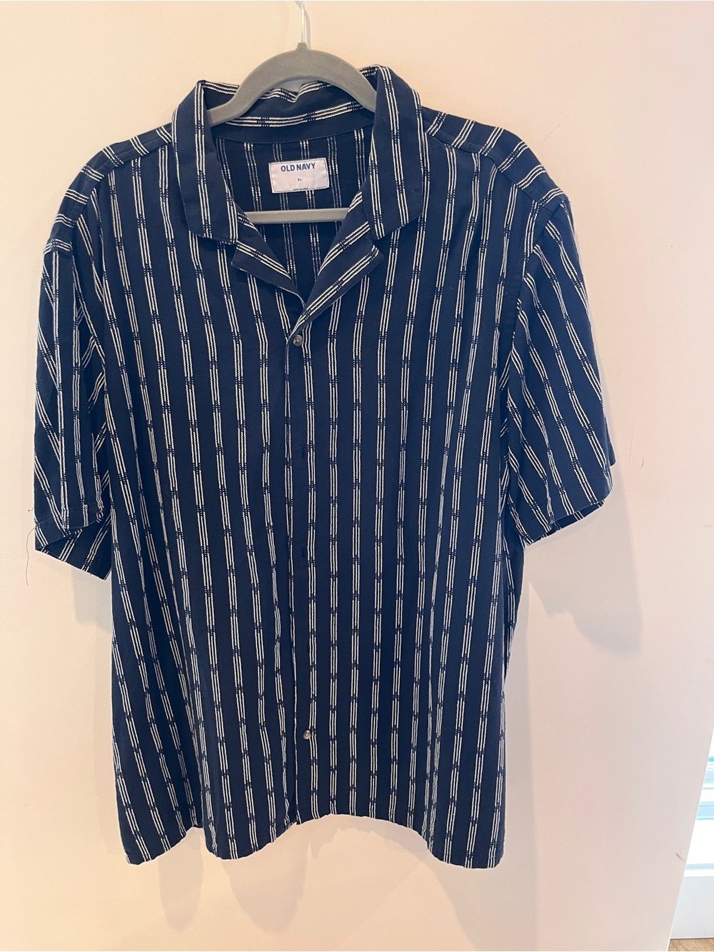 Old Navy Navy and White Vertical-Stripe Short Sleeve Polo